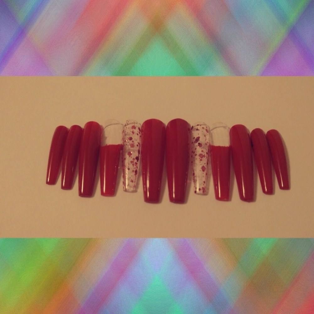 Press on nails XL coffin red with glitter
